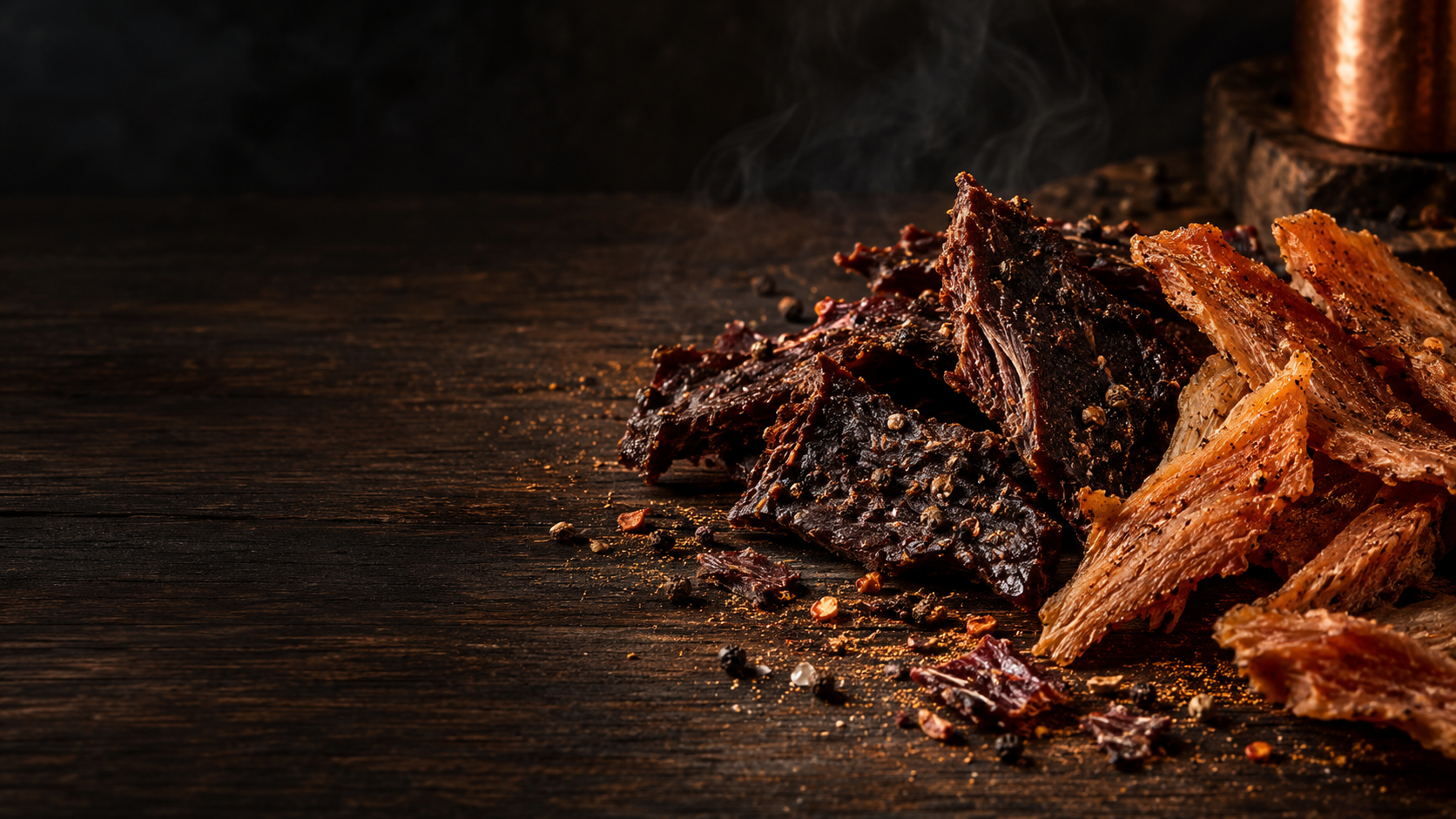 Artisanal beef and turkey jerky arranged on dark oak with smoky copper highlights.